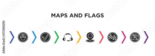 maps and flags filled icons with infographic template. glyph icons such as mine site, mark, ear protection, locator, crossing zone, no luggage vector. photo