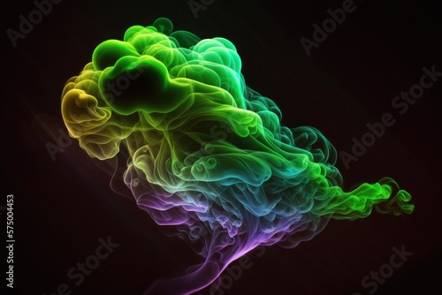 Neon multicolored smoke puff cloud design elements on a dark background. Ai generative.