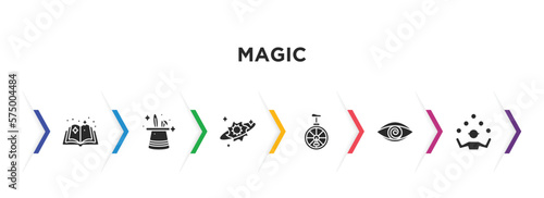 magic filled icons with infographic template. glyph icons such as magic book, trick, spell, unicycle, hypis, juggler vector.