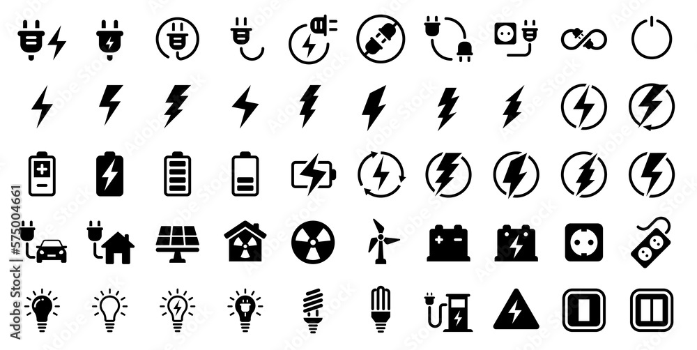Obraz Electricity icons vector set. Set of green energy thin line icons fototapeta, plakat