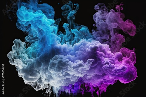 Neon multicolored smoke puff cloud design elements on a dark background. Ai generative.