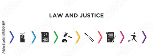 law and justice filled icons with infographic template. glyph icons such as bargain, criminal record, tax law, butterfly knife, contract law, escape vector.