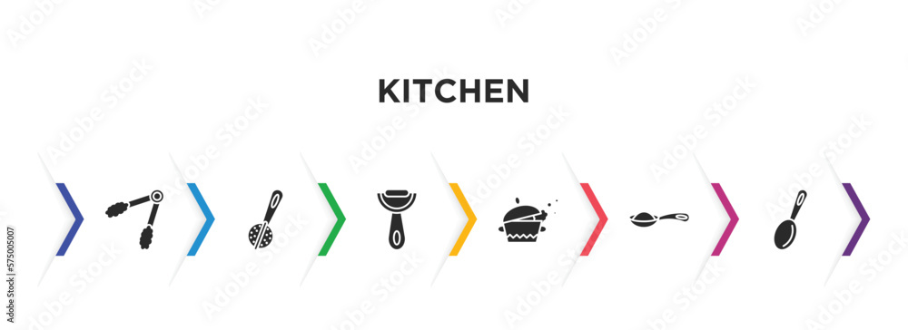 kitchen filled icons with infographic template. glyph icons such as tongs, tea infuser, vegetable peeler, tureen, teaspoon, tablespoon vector. kitchen filled icons with infographic template. glyph icons such as tongs, tea infuser, vegetable peeler, tureen, teaspoon, tablespoon vector.