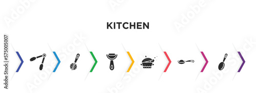 kitchen filled icons with infographic template. glyph icons such as tongs, tea infuser, vegetable peeler, tureen, teaspoon, tablespoon vector.