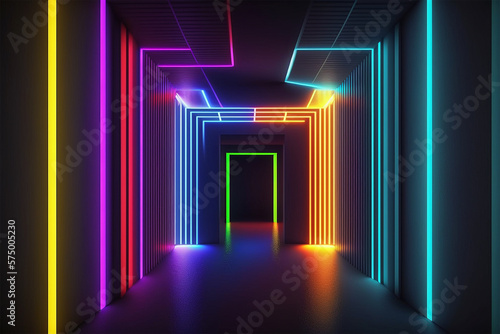 The corridor is lit up by colorful neon lights