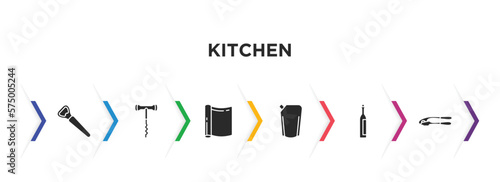 kitchen filled icons with infographic template. glyph icons such as bottle opener, corkscrew, aluminum foil, ketchup, wine bottle, garlic press vector.