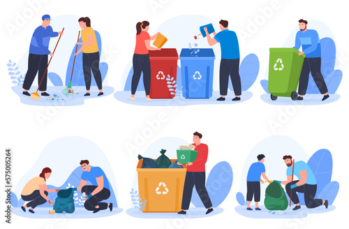 Volunteers clean up the environment. Garbage sorting. Preservation of the environment. Vector illustration