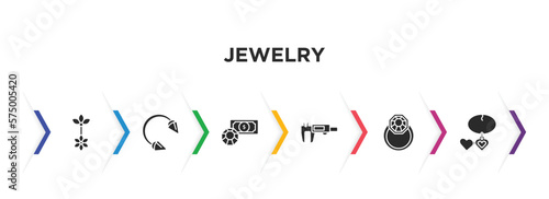 jewelry filled icons with infographic template. glyph icons such as belly piercing, piercing, pawn shop, measurement, jewelry, locket vector.