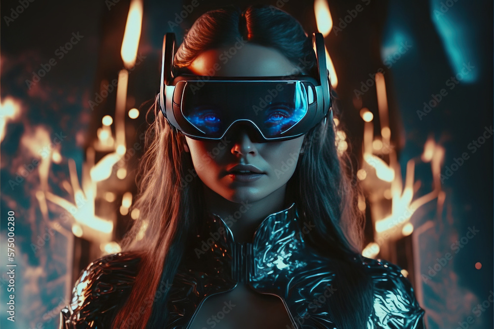 Beautiful Girl in google glasses of virtual reality. digital illustration with non existing person. Generative AI. Beautiful Girl in google glasses of virtual reality. digital illustration with non existing person. Generative AI.