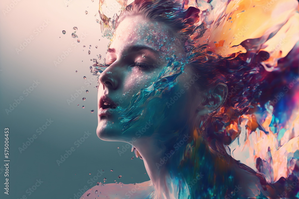 Wondrous illustration portrait woman with colorful iridescent exploding ...