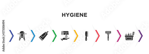 hygiene filled icons with infographic template. glyph icons such as face washer, tooth paste, hand dryer, primp, shaving razor, hygiene kit vector.