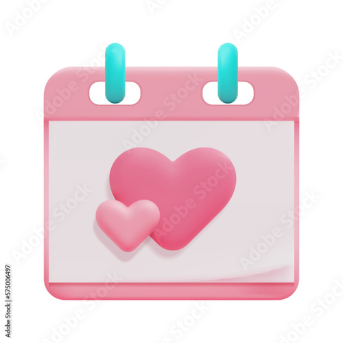 3d pink calendar with heart icon vector. Holiday of all lovers. 3d notes reminder, february 14 and valentine day concept. Isolated on white background. 3d calendar icon vector render illustration.