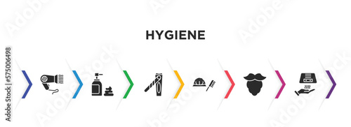 hygiene filled icons with infographic template. glyph icons such as dryer, shaving gel, nail clippers, shower cap, beardy, drying hands vector.