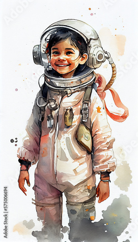 Watercolor Universe: Young Girl's Astronaut Adventure Inspires Exploration of Outer Space and Astrology Studies. Women's empowerment. Generative AI photo