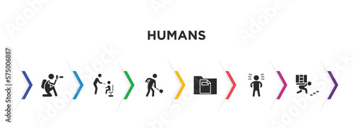 humans filled icons with infographic template. glyph icons such as nature photographer, feeding, public work, single file, proud pose, carrying on back vector.