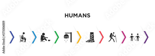 humans filled icons with infographic template. glyph icons such as sitting down, begging, showering, broken leg, man in hike, people trading vector.