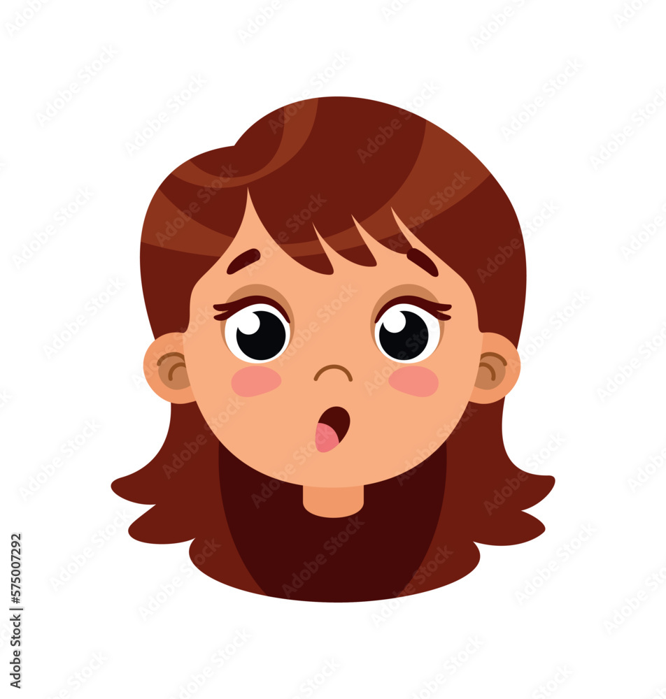 Surprised girl head for animation. Little schoolgirl with open mouth, emotions and feelings, mood. Character in shock, body part and constructor for creating video. Cartoon flat vector illustration Surprised girl head for animation. Little schoolgirl with open mouth, emotions and feelings, mood. Character in shock, body part and constructor for creating video. Cartoon flat vector illustration
