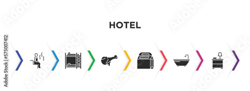 hotel filled icons with infographic template. glyph icons such as sauna, bunk bed, fried chicken, take away, bathtub, nightstand vector.