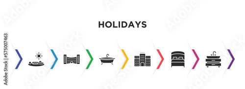 holidays filled icons with infographic template. glyph icons such as sunbathing, hotel building, bathtube, hotels, bed, basin vector.