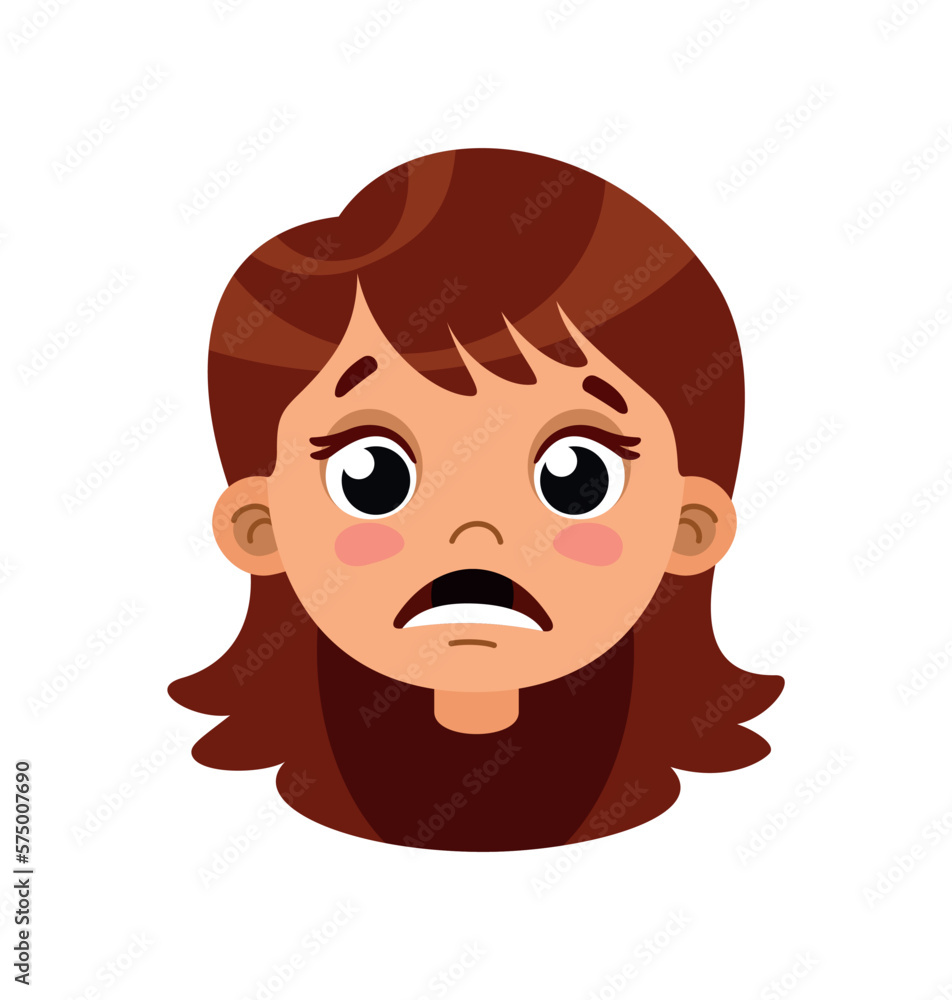 Sad girl head for animation. Shocked character with open mouth. Unpleasant surprise and negative emotions, feelings, facial expressions of schoolgirl, body part. Cartoon flat vector illustration