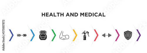 health and medical filled icons with infographic template. glyph icons such as dumbbell, kettlebell, biceps, breast pump, dumbbells, medical shield vector.