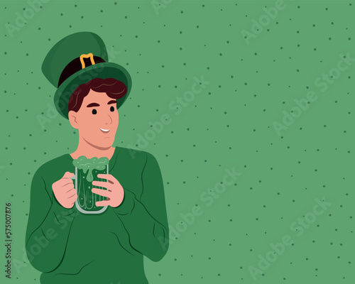 Happy St. Patrick's Day. Young happy Irish man celebrating St. Patrick's day and holding a mug of beer. Vector flat illustration isolated on white.
