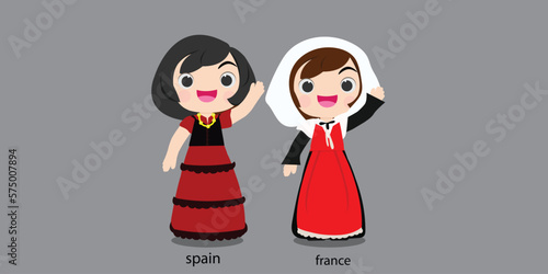 spain republc in national dress with a flag. woman and  in traditional costume. Travel czeech czeech france. People.illustrationa