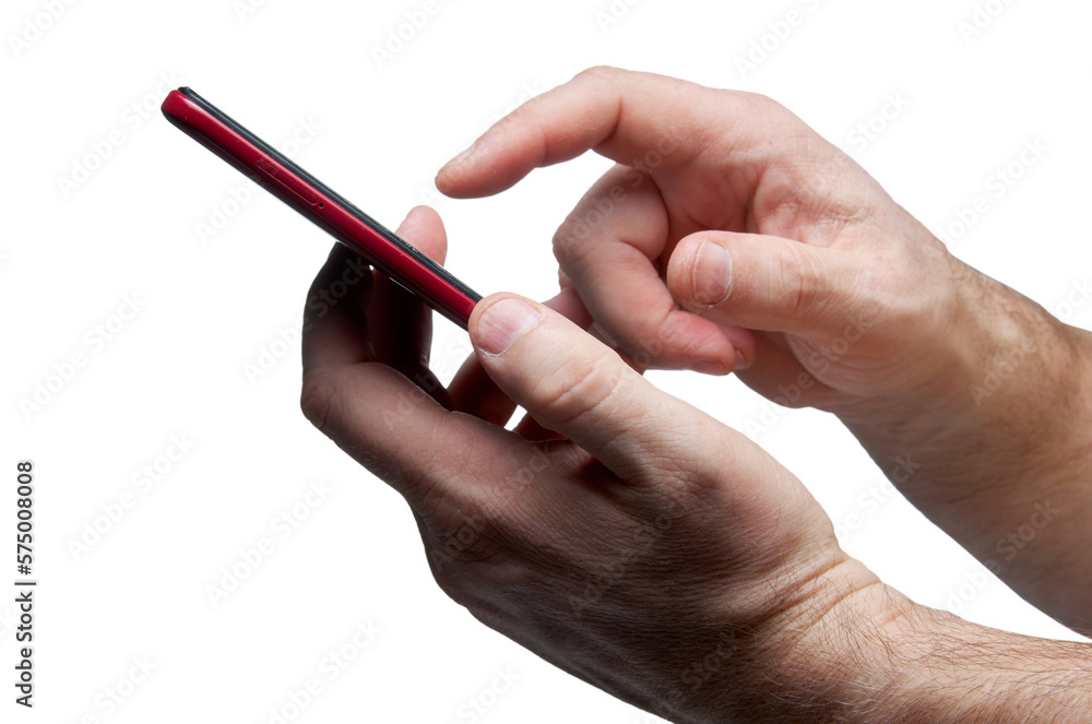 Close-up of smartphone in hands isolated on white background with clipping path Close-up of smartphone in hands isolated on white background with clipping path