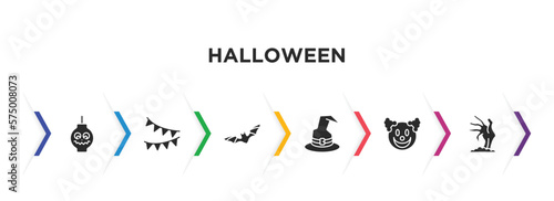 halloween filled icons with infographic template. glyph icons such as lanterns, halloween decoration, bats, magician hat, clown smile, zombie hand vector.