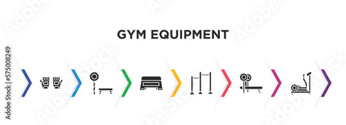 gym equipment filled icons with infographic template. glyph icons such as gym gloves, trainer rod, step, pull up bar, bench press, elliptical vector.