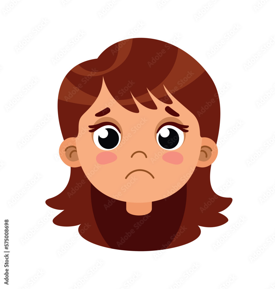 Sad girl head for animation. Upset schoolgirl with drooping lips and tears in her eyes. Depression and frustration, emotions and feelings, facial expressions. Cartoon flat vector illustration Sad girl head for animation. Upset schoolgirl with drooping lips and tears in her eyes. Depression and frustration, emotions and feelings, facial expressions. Cartoon flat vector illustration