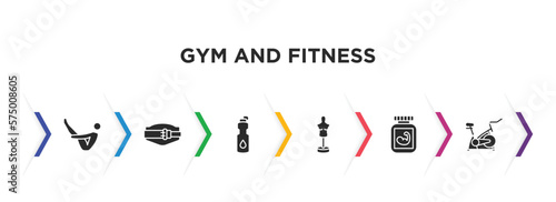 gym and fitness filled icons with infographic template. glyph icons such as abdominal exercises, lumbar belt, isotonic, boxing mannequin, phytonutrients, exercise bike vector.