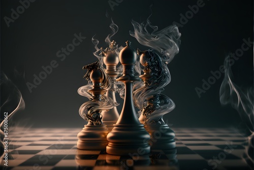 Chess poster with pawns and other pieces in smoke
