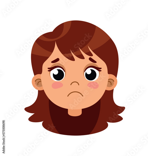 Sad girl head for animation. Upset schoolgirl with drooping lips and tears in her eyes. Depression and frustration, emotions and feelings, facial expressions. Cartoon flat vector illustration