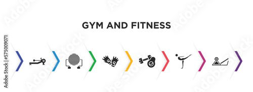 gym and fitness filled icons with infographic template. glyph icons such as rowing hine, pilates ball, fitness gloves, fitness nutrition, stretching leg exercise, press simulator vector.
