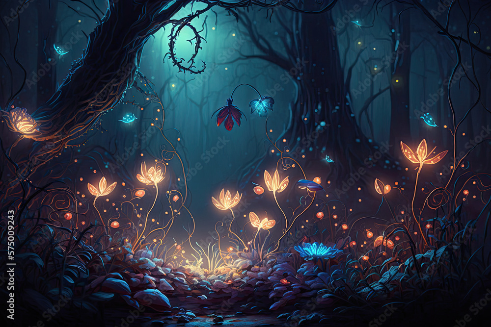 Fototapeta premium Fairy forest at night, fantasy glowing flowers and lights. Generated AI.