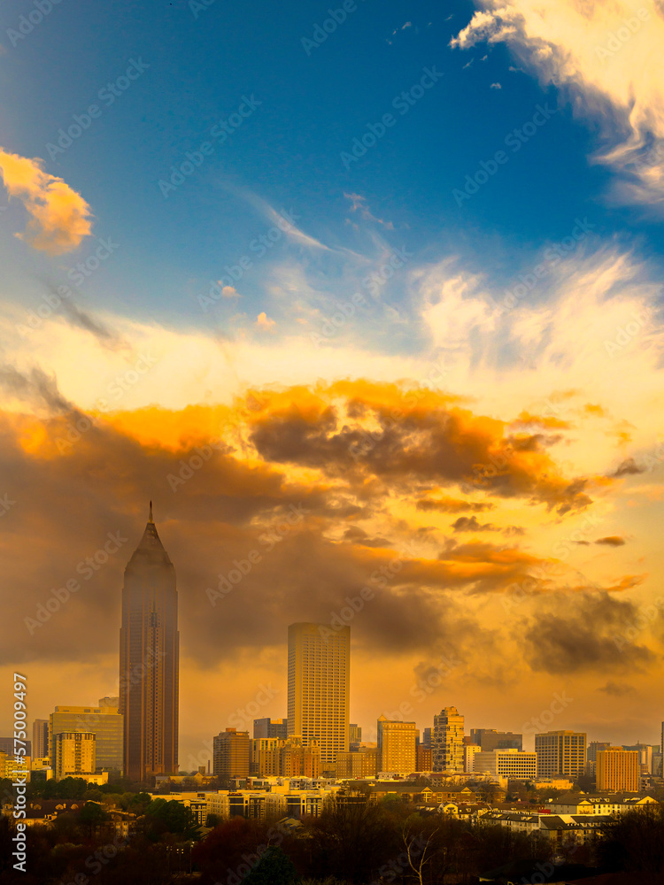 Atlanta City Skyline, Skyscrapers, Buildings, and Dramatic Stormy Cloudscape at Sunrise over the Old Fourth Ward in Georgia, USA