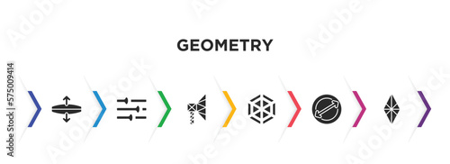 geometry filled icons with infographic template. glyph icons such as stretch, adjust, polygonal megaphone, polygonal hexagonal, diameter, polygonal rhomb vector.