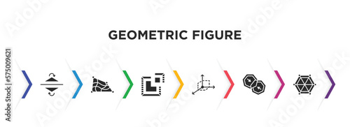 geometric figure filled icons with infographic template. glyph icons such as reflection, distort, segment, coordinates, merge, star of six points vector.