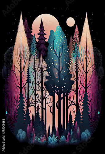 Tall orange cedar trees ethereal forest,psychedelic color,line drawing neon light