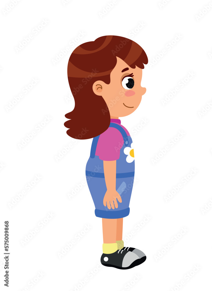 Girl standing for animation. Side view of character wearing denim overalls, yellow socks, and black sneakers. Person in casual clothes and outwear. Cartoon flat vector illustration Girl standing for animation. Side view of character wearing denim overalls, yellow socks, and black sneakers. Person in casual clothes and outwear. Cartoon flat vector illustration