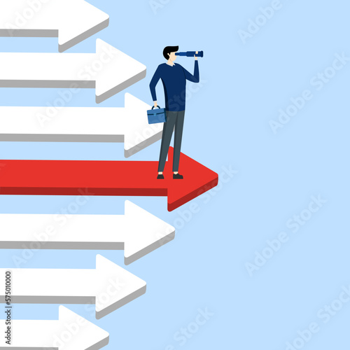 Concept Business vision and target, business man holding telescope standing on red arrows, success in career. Business concept, Achievement, Character, Leader, Flat vector illustration