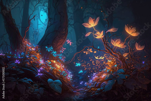 Fairy forest at night, fantasy glowing flowers and lights. Generated AI. © Kemal