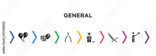 general filled icons with infographic template. glyph icons such as floating balloons, live paint, nippers, poverty, deckchair, leader with loudspeaker vector.