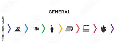 general filled icons with infographic template. glyph icons such as sand, perforator, poor, steps, hose with drops, heart in flames vector.