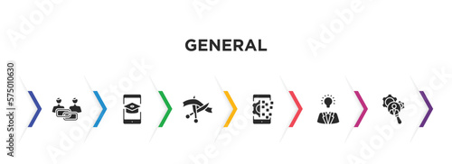 general filled icons with infographic template. glyph icons such as affiliate link, distance learning, inauguration, digital transformation, brand awareness, hr services vector.