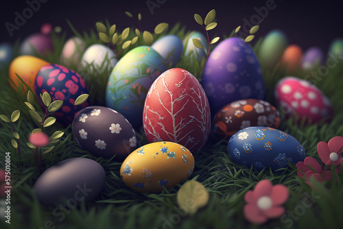 Easter eggs in the grass, made with Generative AI