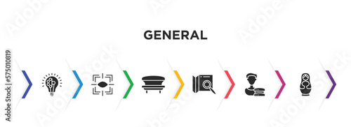 general filled icons with infographic template. glyph icons such as realization, trackability, solarium, map search, user data, matryoshka vector.