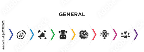 general filled icons with infographic template. glyph icons such as market share, social campaign, weight loss, team target, smart assistant, team leader vector.