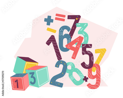 Teaching children math and arithmetic, banner or emblem design with numbers and cubes. Mathematic and counting for children.